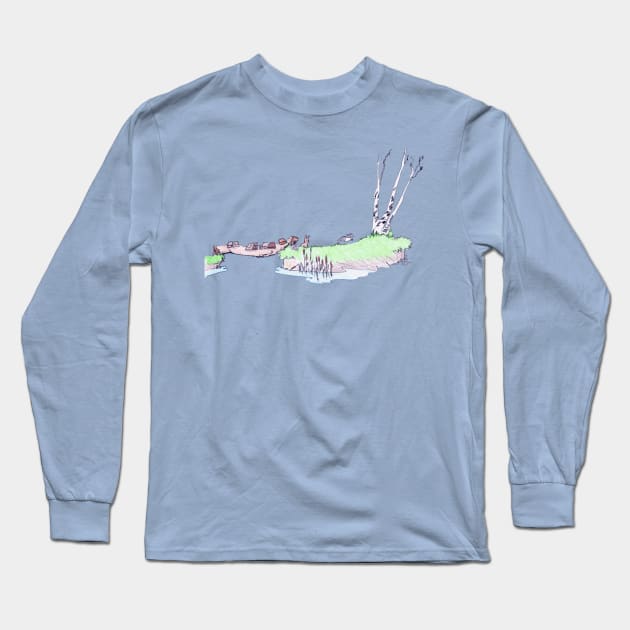 Fritter's Spring: Misty Morning Mound Island Lispe Long Sleeve T-Shirt by Lispe